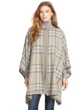 Lauren Ralph Lauren Suede-Trimmed Plaid Wool Blend Poncho in h.grey/beige